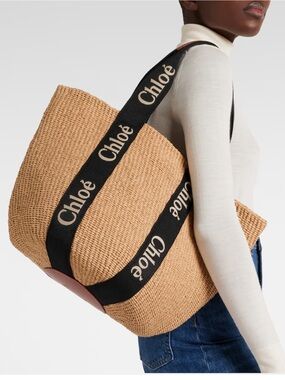 Chloé Large Raffia Woody Basket Tote | Logo Strap | Straw & Leather | Like New